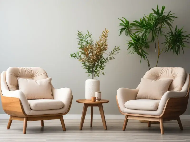 Cozy seating area with modern armchairs, decorative plant, and minimalist table, reflecting a calming environment for mental health discussions and recovery support.