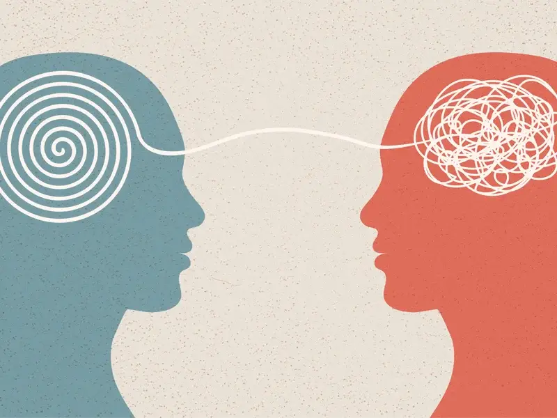 Illustration of two human profiles connecting, one with a spiral symbolizing clarity and the other with chaotic lines representing mental health challenges, reflecting SagePoint Behavioral Health's focus on mental health and substance use recovery.