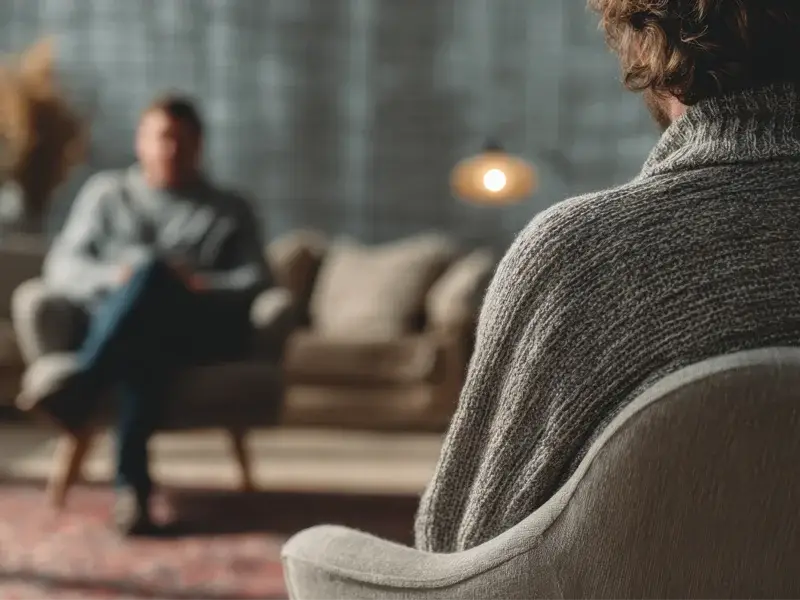 Therapist and client engaged in discussion during Acceptance and Commitment Therapy session, cozy setting with soft lighting and comfortable furnishings.