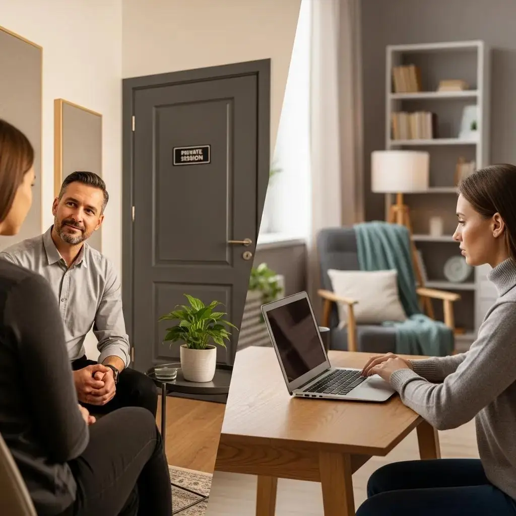 Side-by-side view of in-person and telehealth therapy sessions, emphasizing privacy measures in each setting
