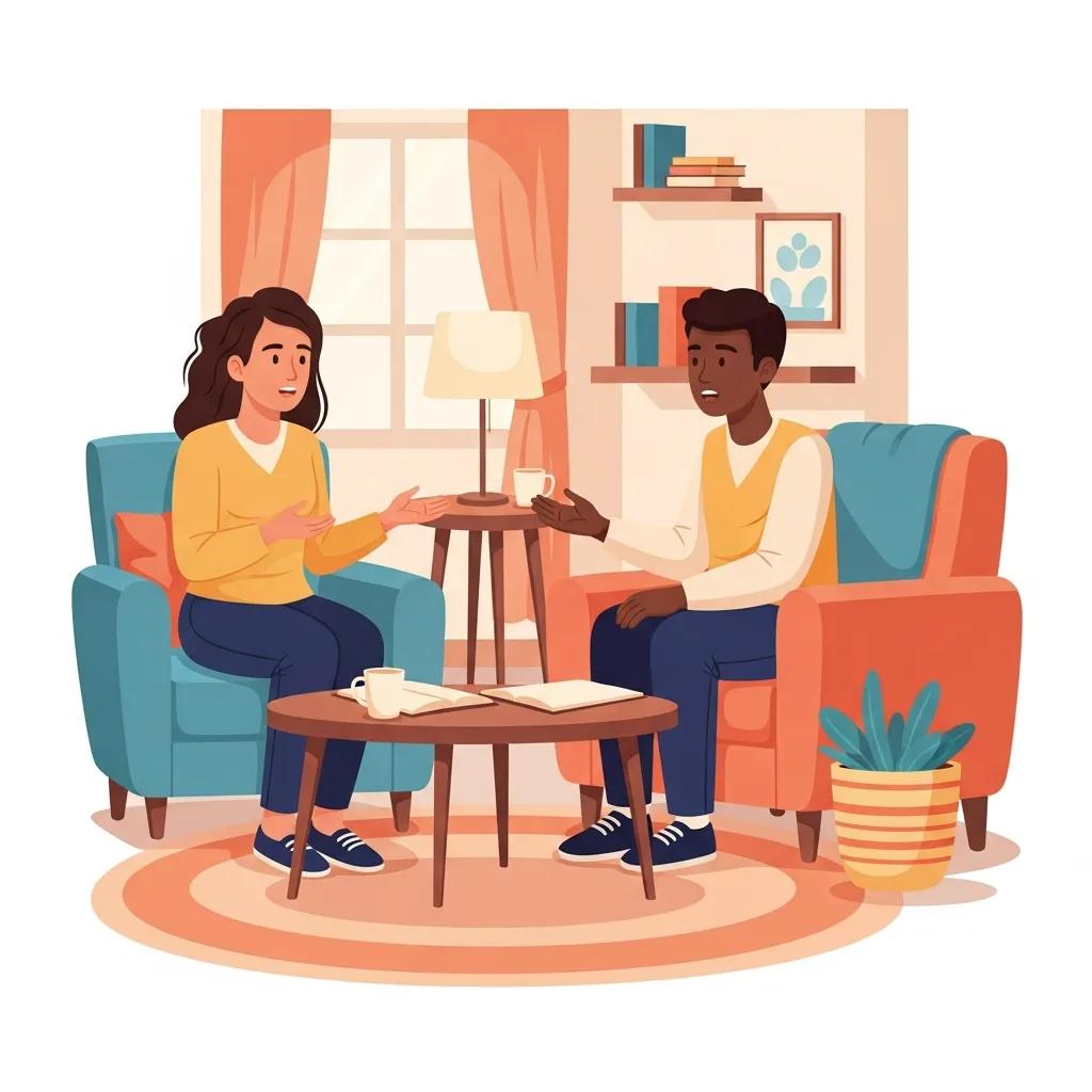Supportive conversation about mental health in a cozy living room