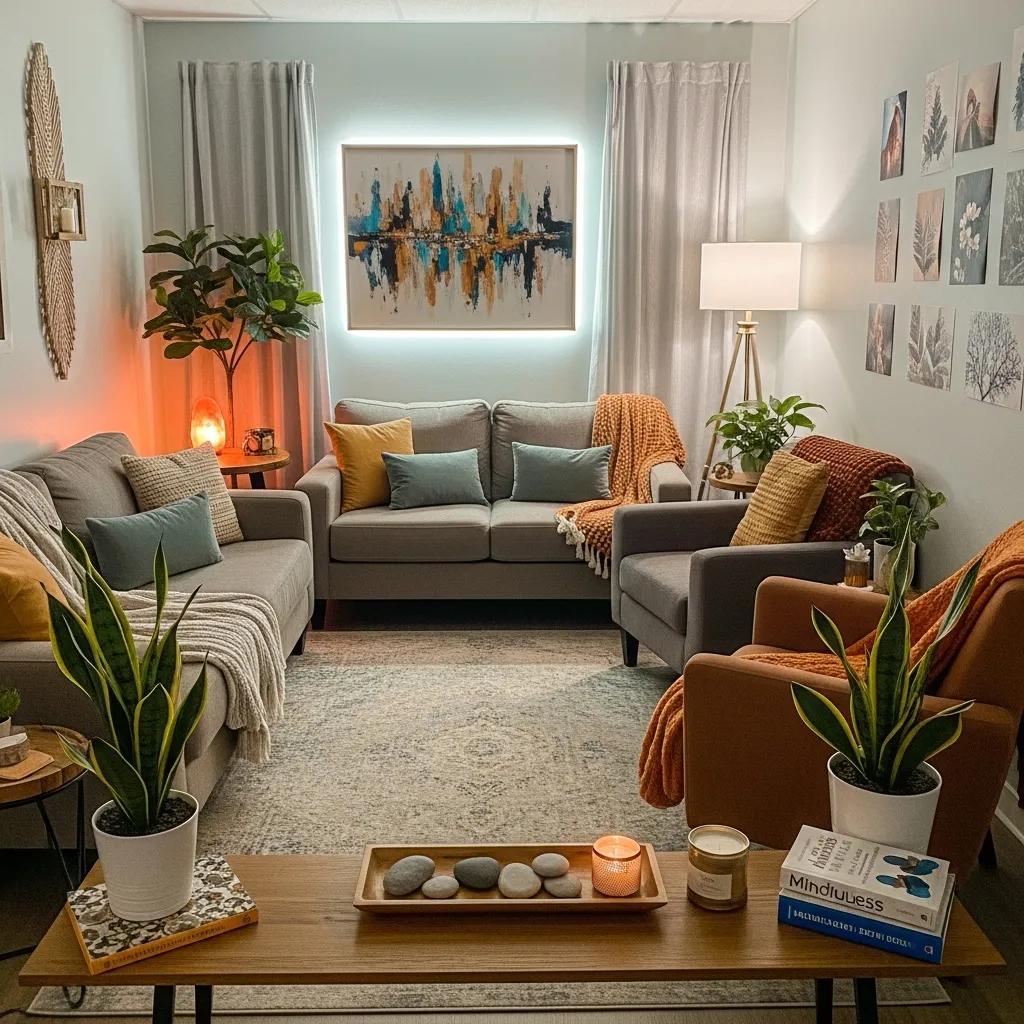 Therapy room designed for mental health recovery with comfortable seating and calming decor