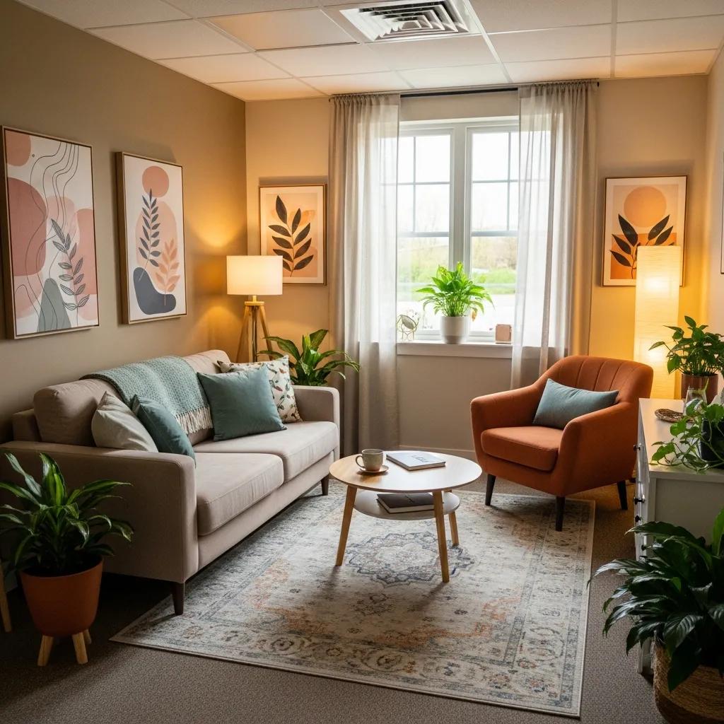 Therapy room with comfortable seating and calming decor representing mental health support