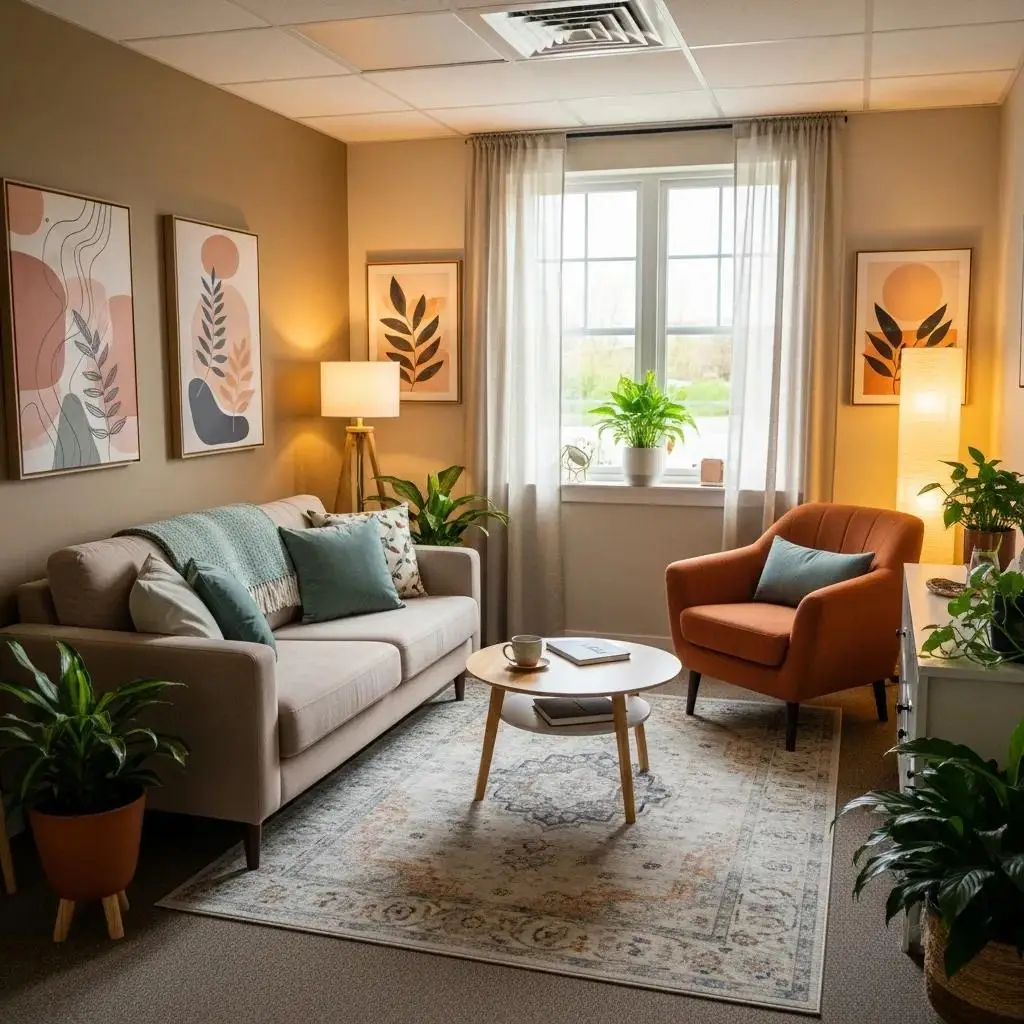 Therapy room with comfortable seating and calming decor representing mental health support