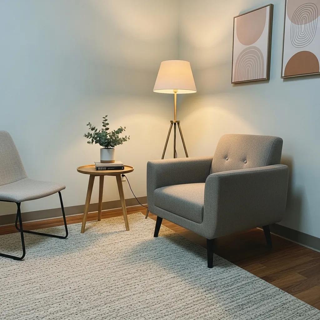 Welcoming consultation room for mental health treatment, emphasizing comfort and safety