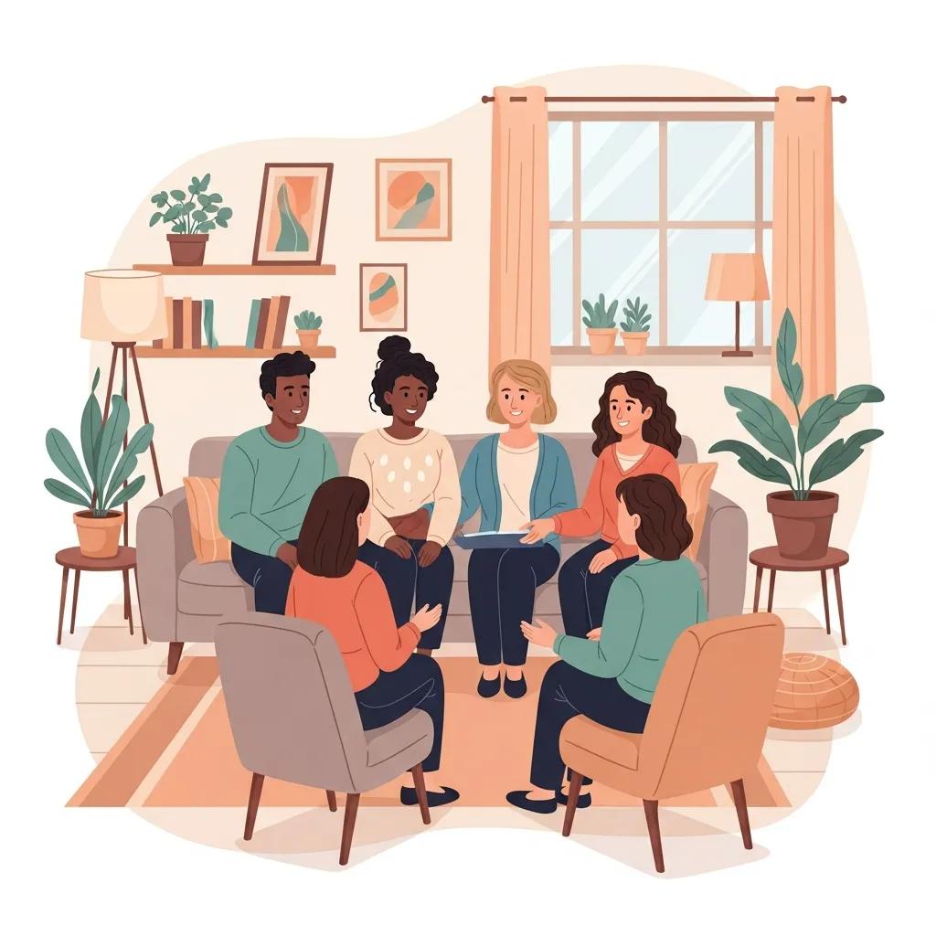 Family counseling session focused on addiction recovery with a diverse family and therapist in a supportive environment