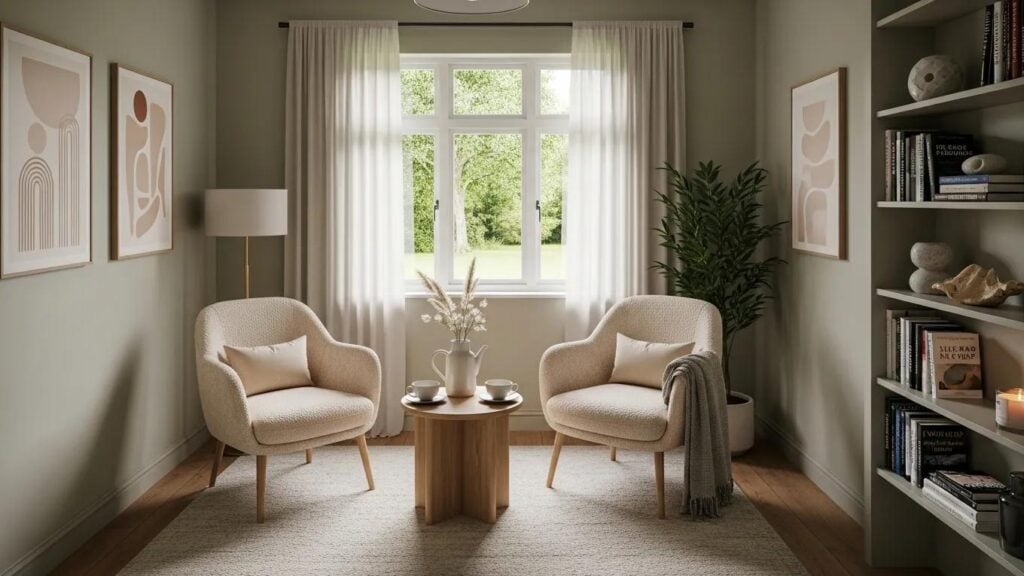 Cozy therapy room with comfortable seating and calming decor, representing mental health services
