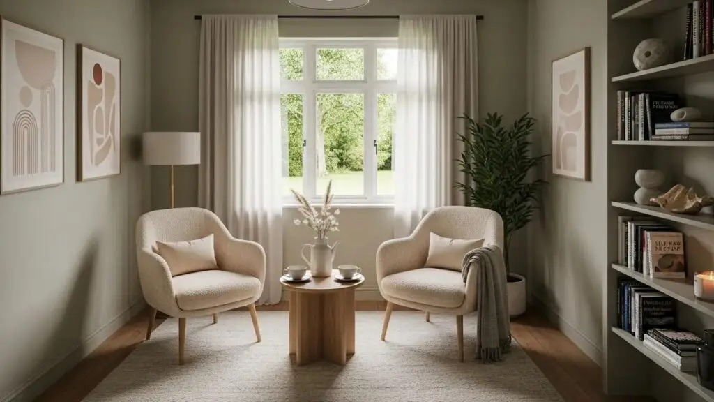 Cozy therapy room with comfortable seating and calming decor, representing mental health services