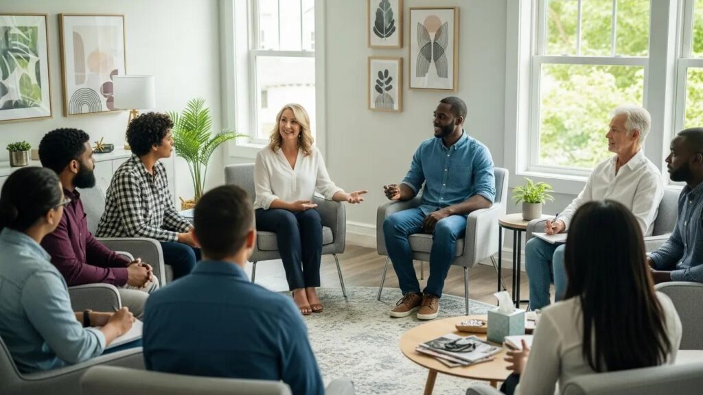 Group therapy session for Intensive Outpatient Programs with diverse participants