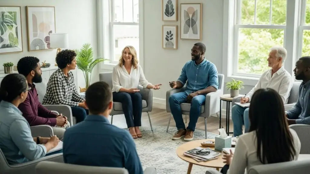 Group therapy session for Intensive Outpatient Programs with diverse participants