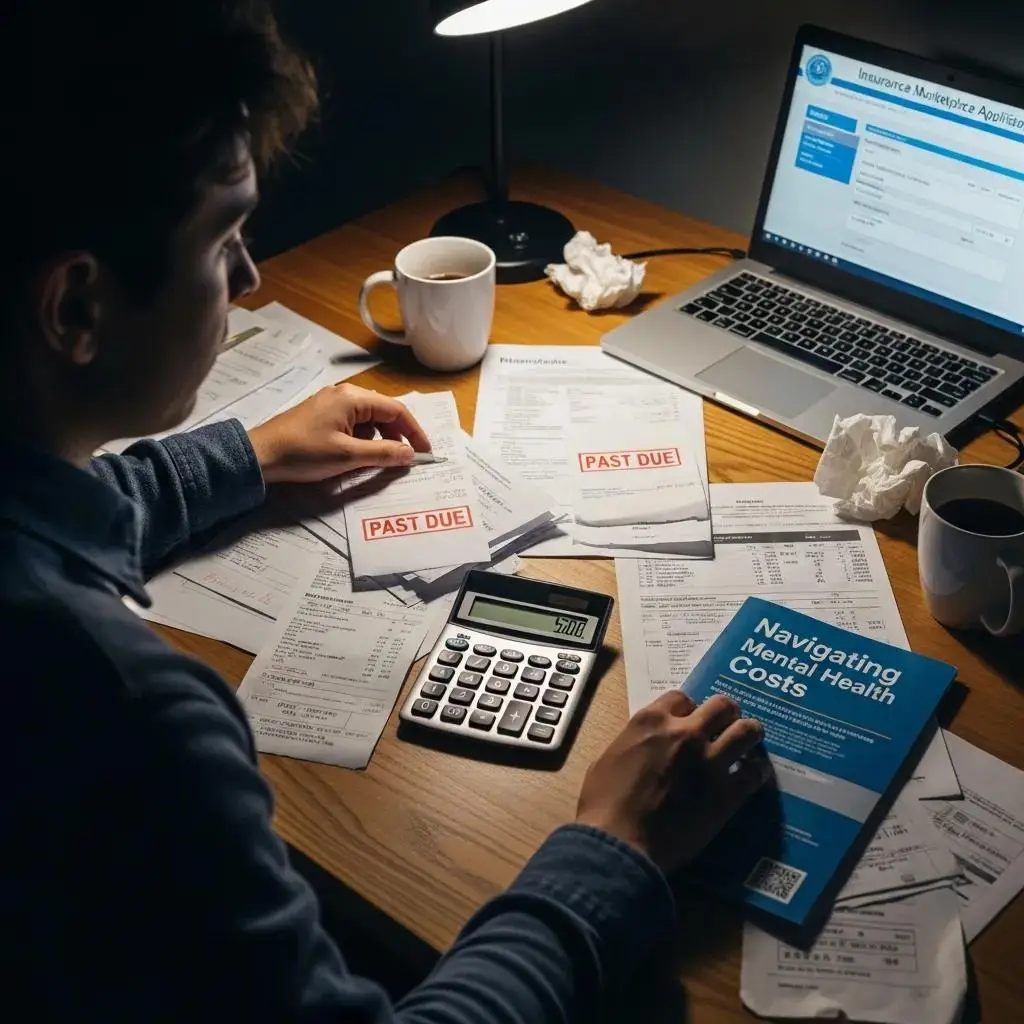 Individual contemplating financial challenges of mental health treatment without insurance