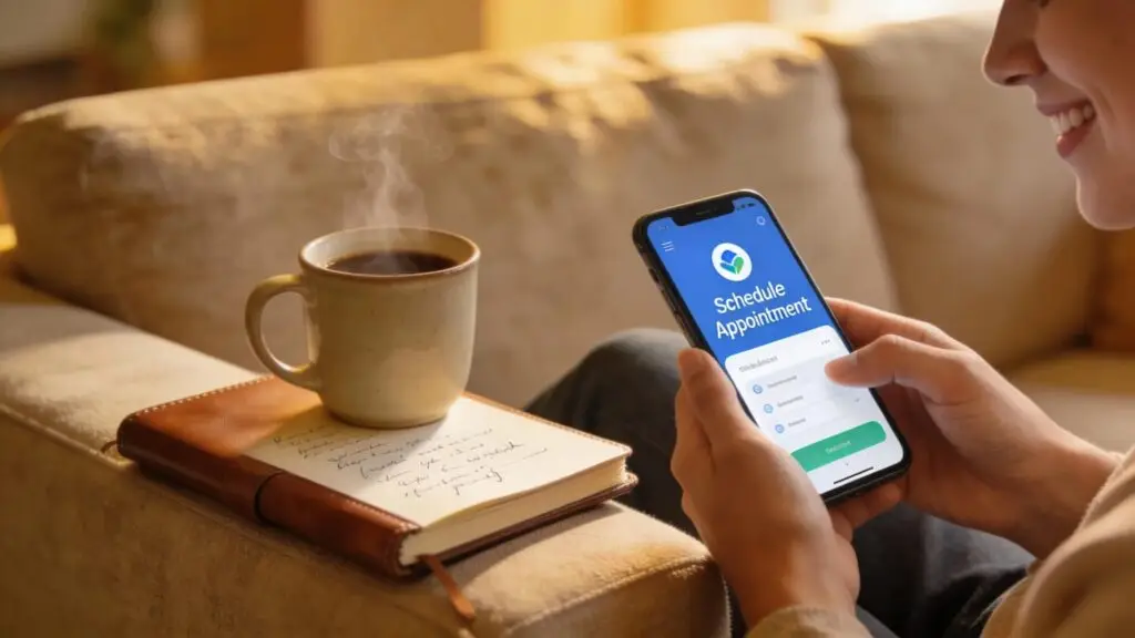 Individual scheduling a teletherapy session on a smartphone, representing the benefits of easy access to mental health support