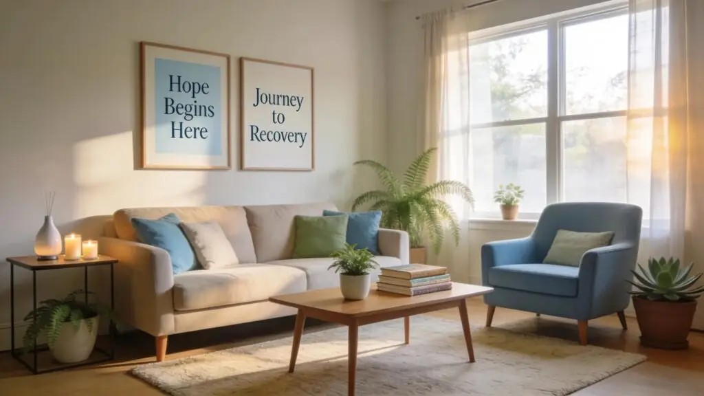 Welcoming therapy room with calming decor representing behavioral health services and recovery support