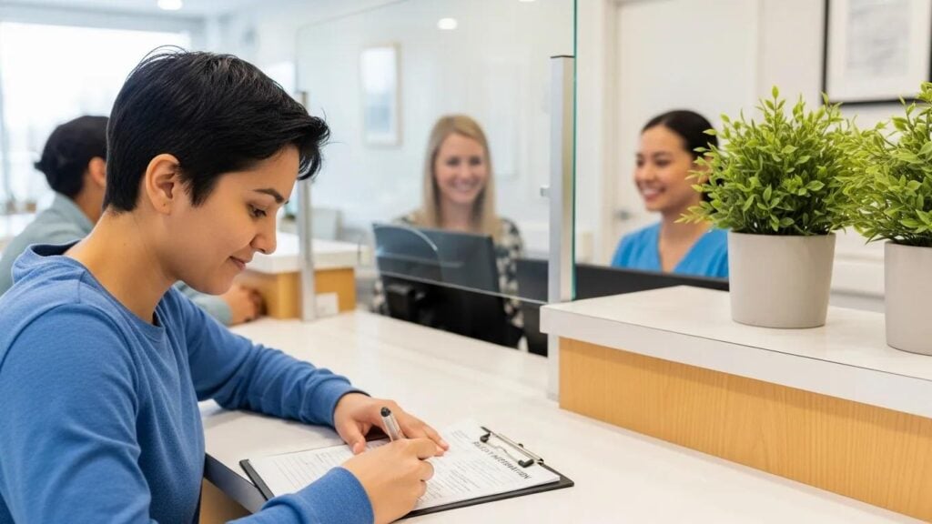 Individual filling out forms at a healthcare facility reception desk for addiction services