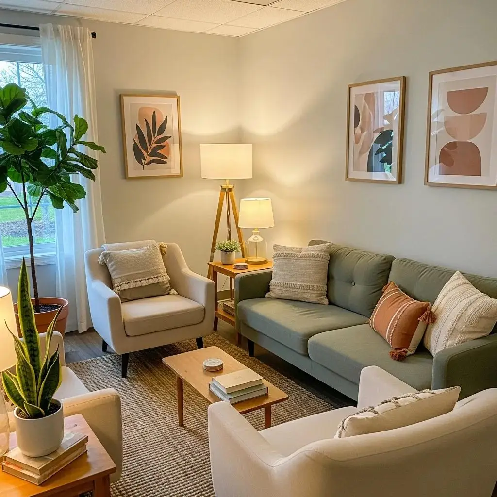 Inviting therapy room for mental health programs, emphasizing comfort and support