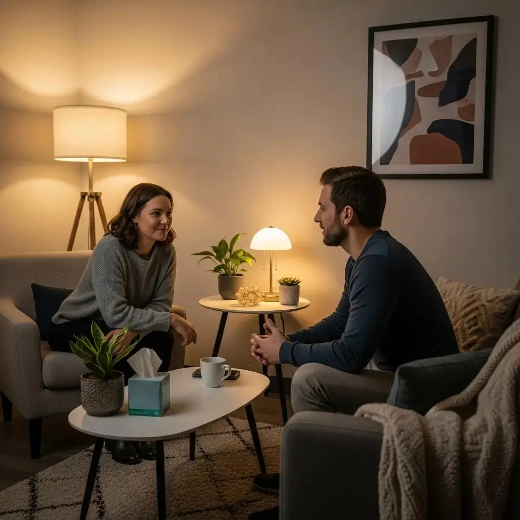 A therapist and client engaged in a warm, focused conversation&mdash;demonstrating how communication and empathy build therapeutic trust